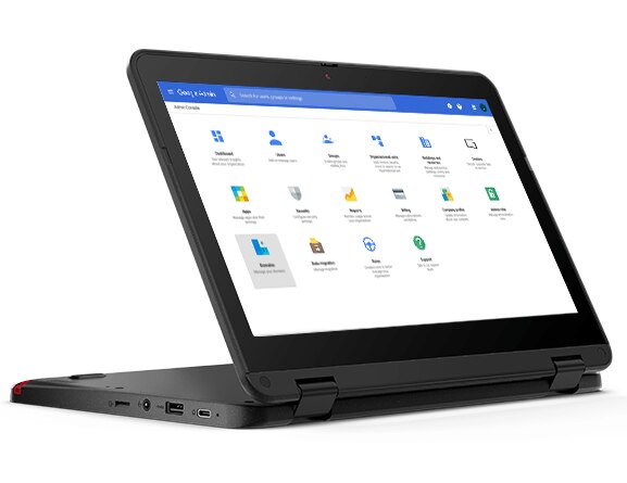 Lenovo 300e Chromebook Gen 3 device in Stand mode, angled to show left-side ports and garaged pen.