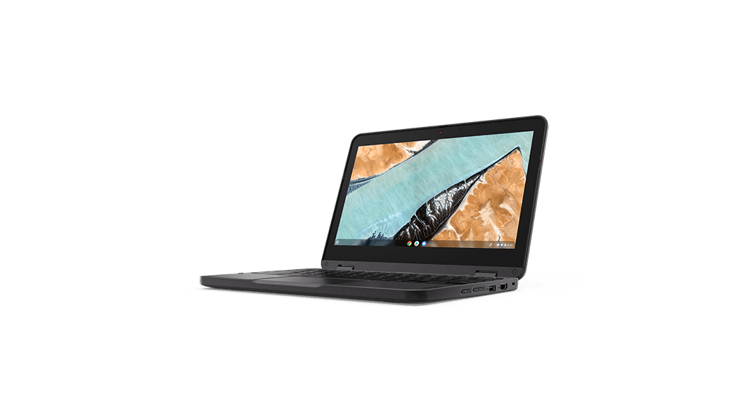 Lenovo 300e Chromebook Gen 3 um 95 Grad geöffnet und Fokus auf das Display, leicht gekippt mit Blick auf die Anschlüsse auf der rechten Seite.