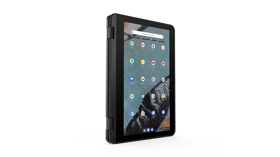 Lenovo 300e Chromebook Gen 3 2-in-1 in tabletmodus, verticaal geplaatst, met scharnieren van 360 graden.