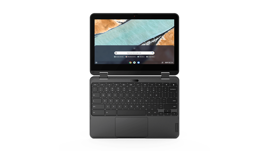 Overhead shot of Lenovo 300e Chromebook Gen 3 2-in-1 open 180 degrees, showing display panel and keyboard.