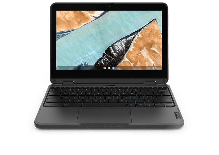 Front-facing Lenovo 300e Chromebook Gen 3, open 90 degrees and showing both keyboard and display panel.