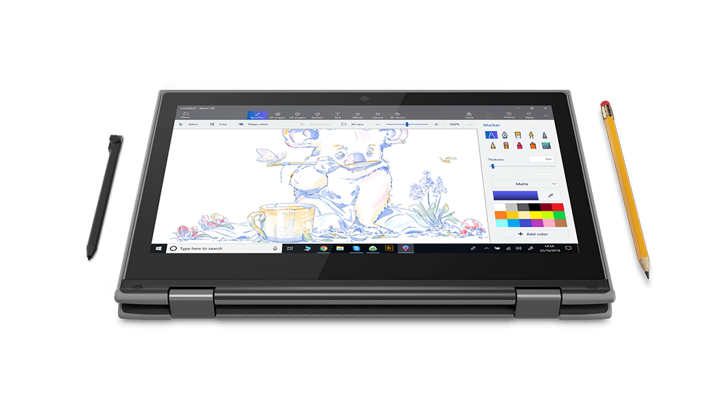 The Lenovo 300e 2nd Gen (AMD) in tablet form, with stylus and pencil