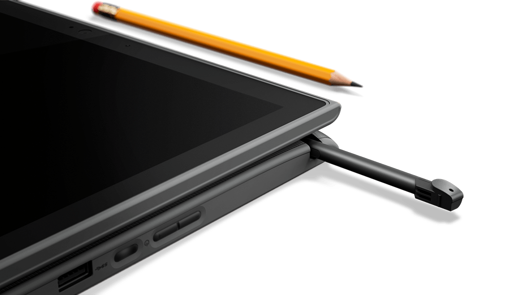 Close up of the stylus port of the Lenovo 300e 2nd Gen (AMD) laptop, compared to a pencil