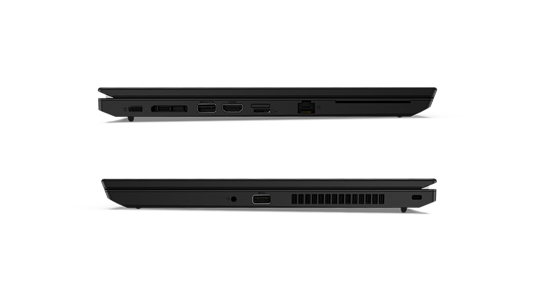 Imagen de ambos perfiles de la computadora portátil ThinkPad L15 (15.6”, AMD) cerrada, con sus puertos y ranuras a la vista