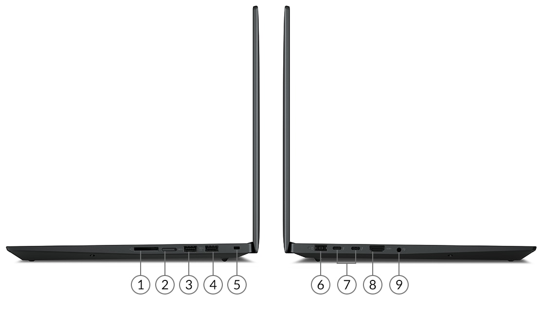 Dva pohľady na mobilné pracovné stanice ThinkPad P1 Gen 4 chrbtom k sebe, otvorené do 90° a s detailom na porty na pravej a ľavej strane.