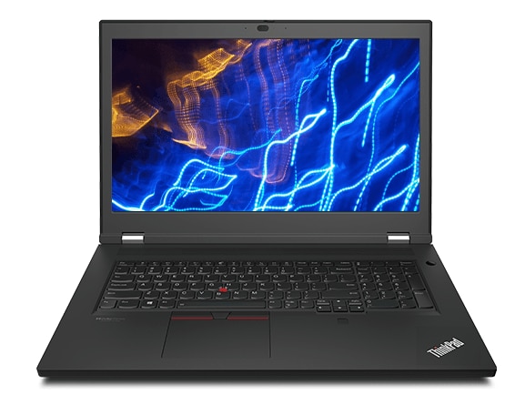 A black ThinkPad P17 Gen 2 mobile workstation, open 110 degrees and viewed from a high, head-on angle to reveal the keyboard and display.