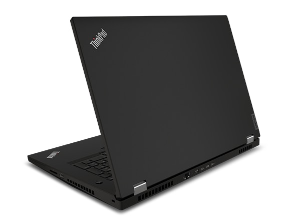 A ThinkPad P17 Gen 2 mobile workstation, open 75 degrees and viewed at a high angle from the right rear, showing the top cover and right and rear ports.