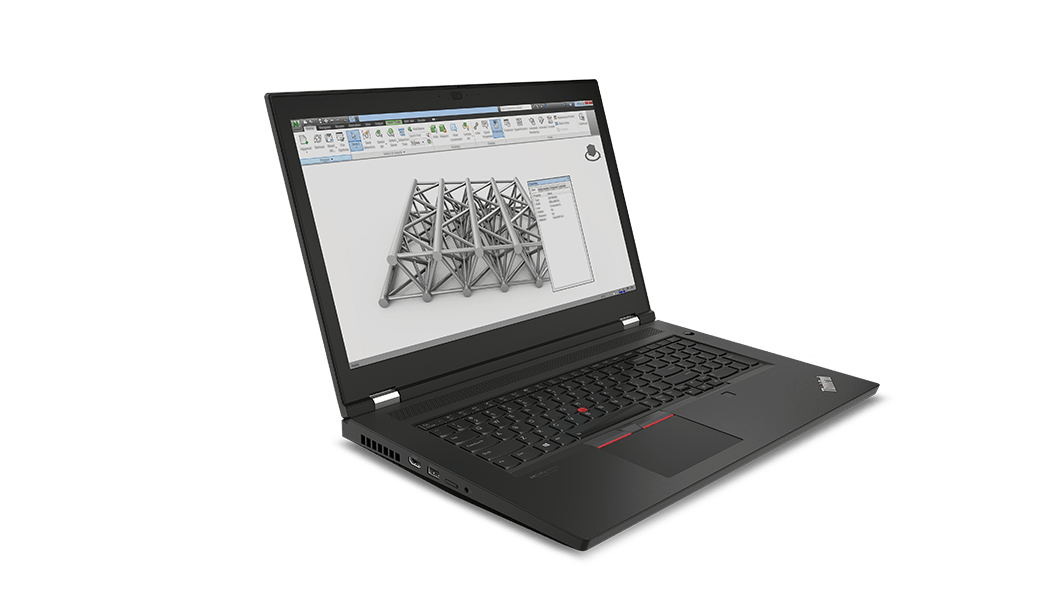 Ansicht der mobilen Workstation ThinkPad P17 Gen 2 von vorne links oben, um 110 Grad geöffnet, mit Blick auf die Anschlüsse und Lüftungsschlitze an der linken Seite, Tastatur und Display.