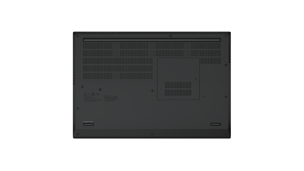 Bild underifrån av den mobila workstationen ThinkPad P17 Gen 2, inklusive ventilationsöppningarna.