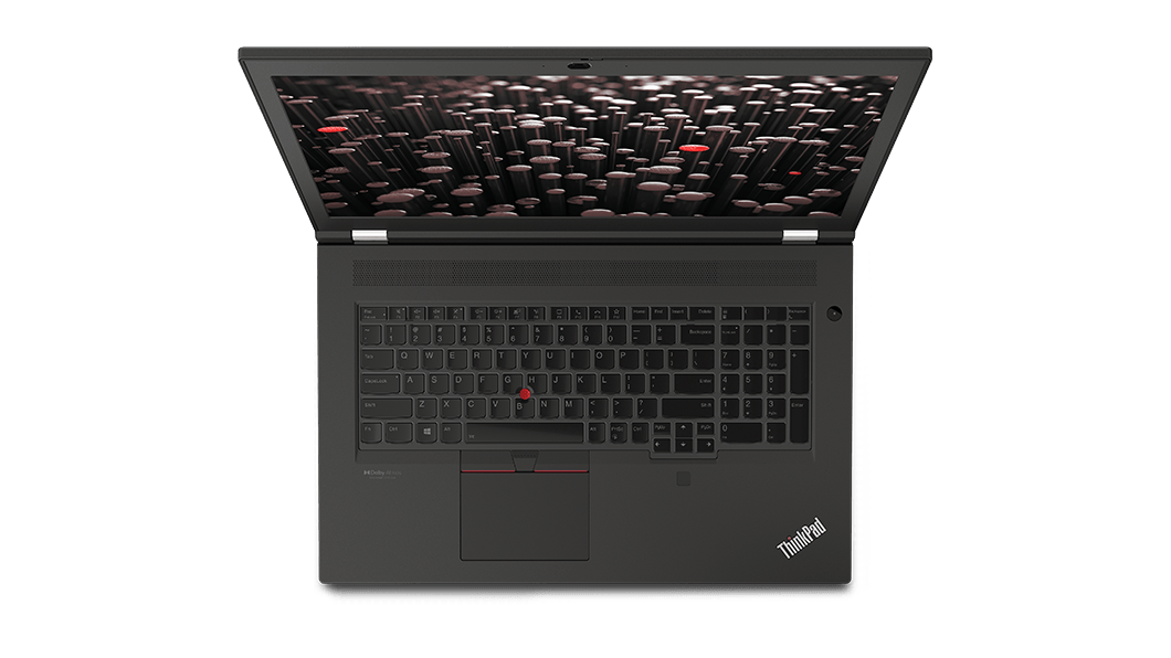 Den mobile ThinkPad P17 Gen 2-workstation set ovenfra, åbnet 110 grader, så tastaturet med numerisk tastatur og 17,3