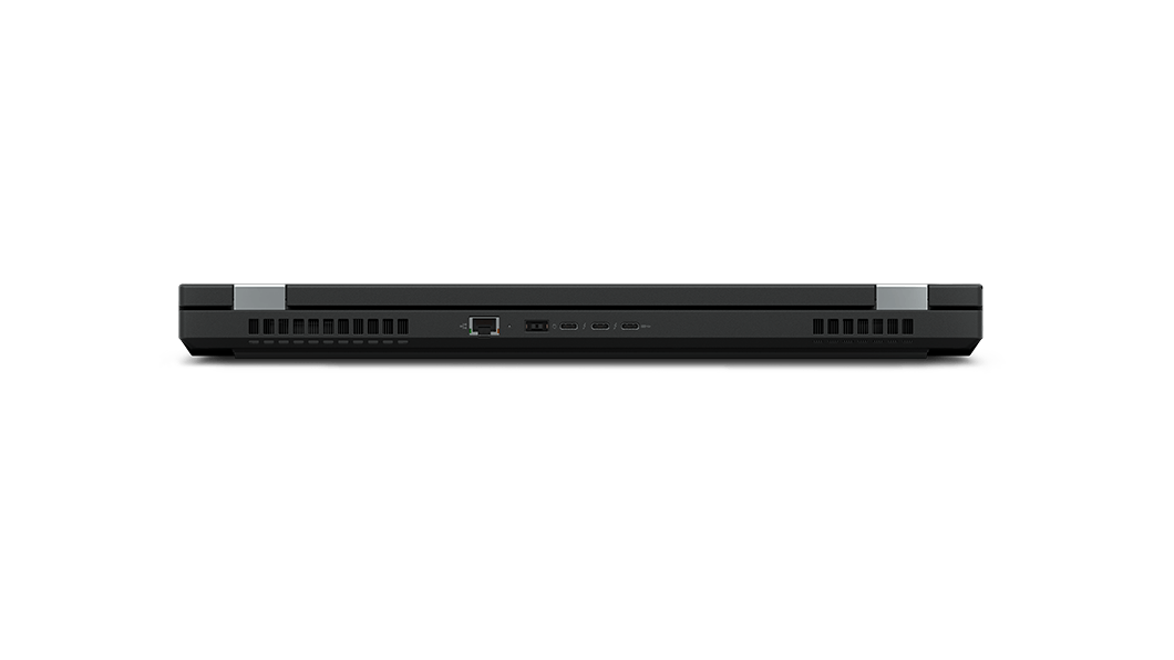 ThinkPad P17 Gen 2 ‑mobiiliworkstationin takaosa suoraan edestä kuvattuna, takana olevat liitännät, ilmanvaihtoaukot ja näkyvät saranat näkyvissä.