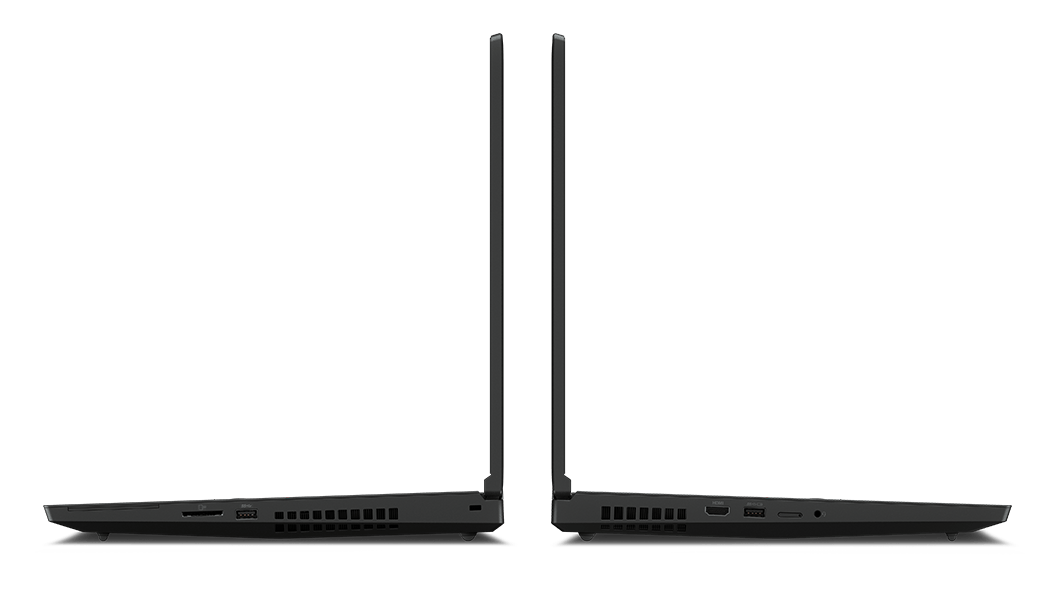 To mobile ThinkPad P17 Gen 2-workstations, ryg mod ryg, åbnet 90 grader og set fra siden, og så deres professionelle udseende og tynde topdæksler kan ses.