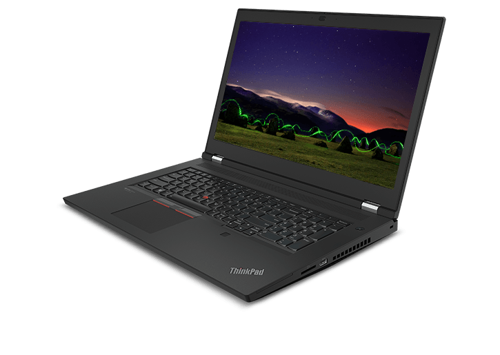 The ThinkPad P17 Gen 2 mobile workstation viewed from front-right, open 110 degrees to show the keyboard and vibrant 17.3" display.