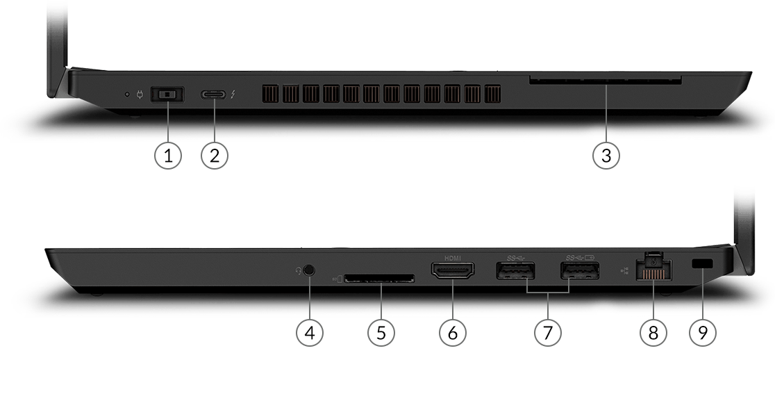 Imagen de ambos laterales de la workstation laptop ThinkPad T15p 2da Gen (15.6”, Intel) con sus puertos y ranuras a la vista