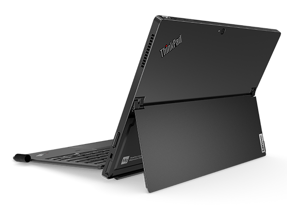 Rear-view of Lenovo ThinkPad X12 Detachable angled slightly to show right side ports and kickstand.