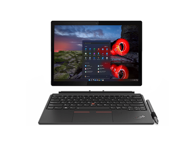 Front-facing Lenovo ThinkPad X12 Detachable tablet with optional keyboard (and optional pen) detached.
