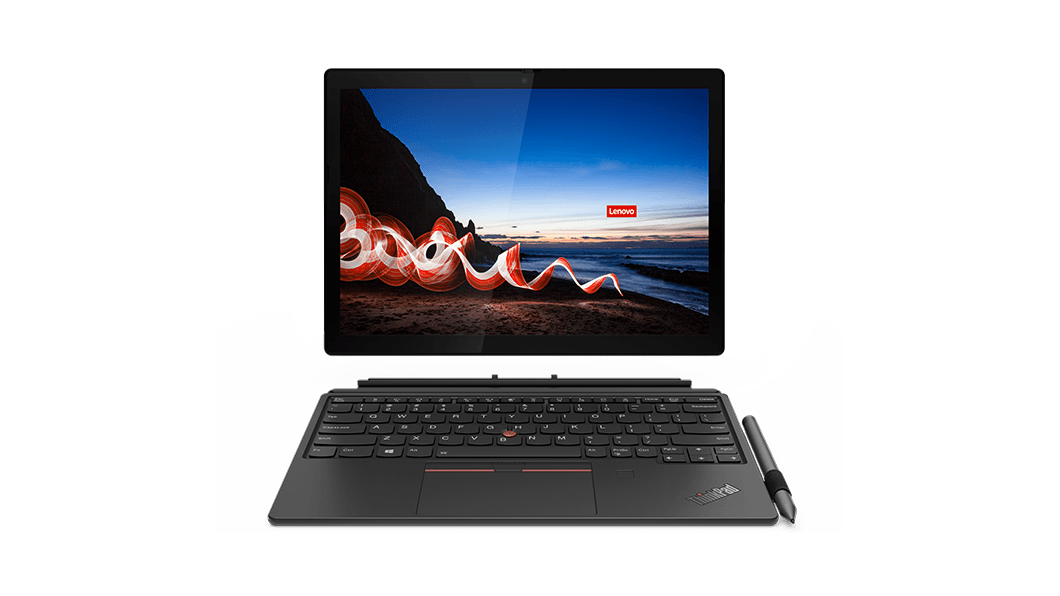 Front-facing Lenovo ThinkPad X12 Detachable tablet with keyboard detached.