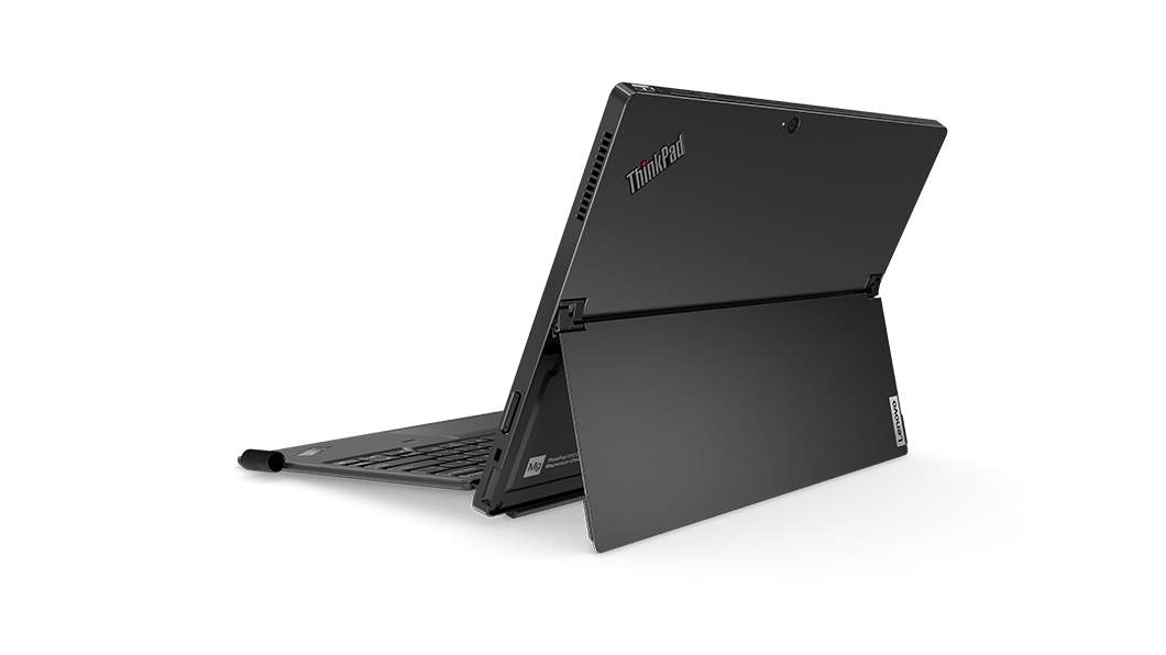Achteraanzicht van Lenovo ThinkPad X12 Detachable, aangesloten op optioneel toetsenbord en in een hoek met poorten aan de rechterkant en standaard.