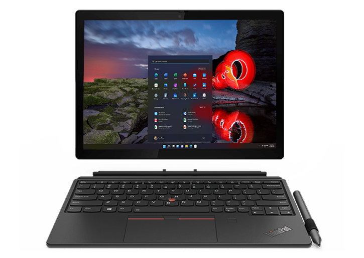 Lenovo ThinkPad X12 Detachable tablet with optional keyboard / pen detached, facing front.