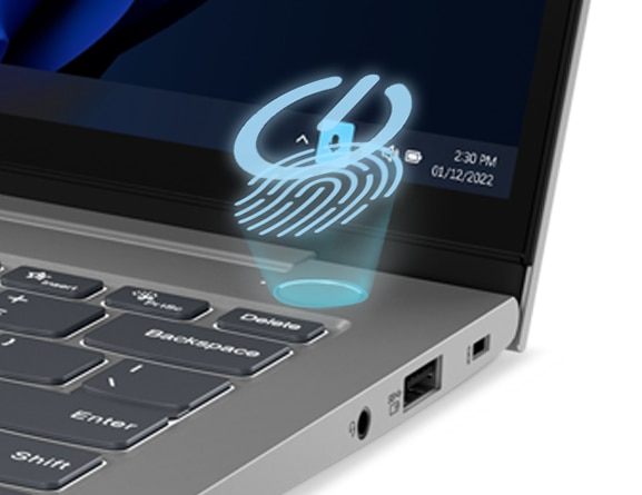 Gros plan sur le coin supérieur droit de la zone du clavier d’un portable ThinkBook 13s Gen 4 (Intel), montrant le lecteur d’empreintes digitales sécurisé intégré au bouton de mise sous tension.