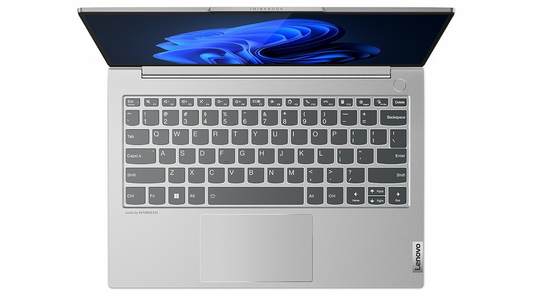 ThinkBook 13s Gen 4 (Intel) Notebook, Ansicht direkt von oben, um 110° geöffnet, mit Blick auf die beleuchtete Tastatur und das Präzisions-Touchpad aus Glas.