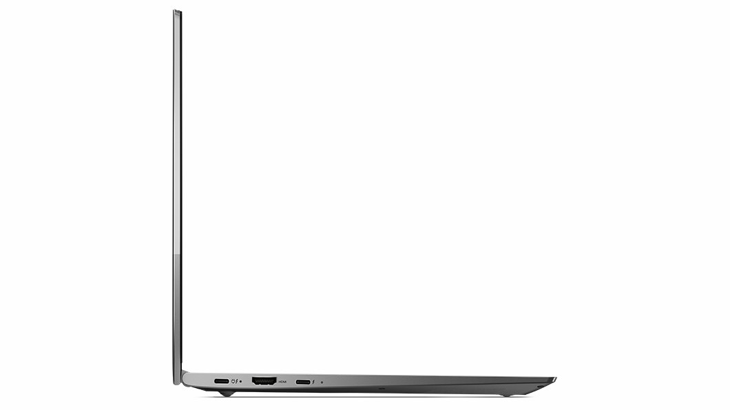 Vue du côté gauche, à hauteur des yeux, d’un portable ThinkBook 13s Gen 4 (Intel) ouvert à 90°, montrant son profil ultramince et ses ports du côté gauche.