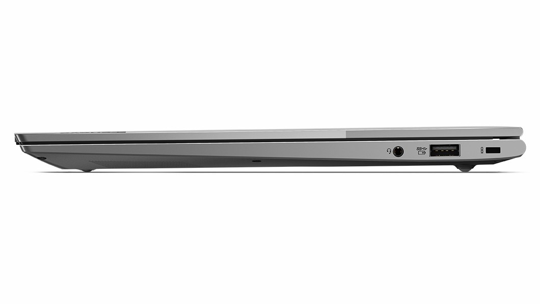 Vista del lado derecho a la altura de los ojos del portátil ThinkBook 13s Gen 4 (Intel), cerrado para mostrar su diseño delgado y moderno, con los puertos del lado derecho.