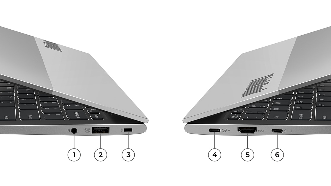 Detailní pohledy na porty na notebooku ThinkBook 13s Gen 4 (Intel). Z pravé strany, zepředu dozadu, je kombo sluchátek/mikrofonu, USB-A 3.2 Gen 1 (trvale napájený) a bezpečnostní slot Kensington Nano. Z levé strany (zezadu dopředu) jsou USB-C Thunderbolt™ 4 (vstup pro napájení), HDMI 2.0 a další USB-C Thunderbolt™ 4.