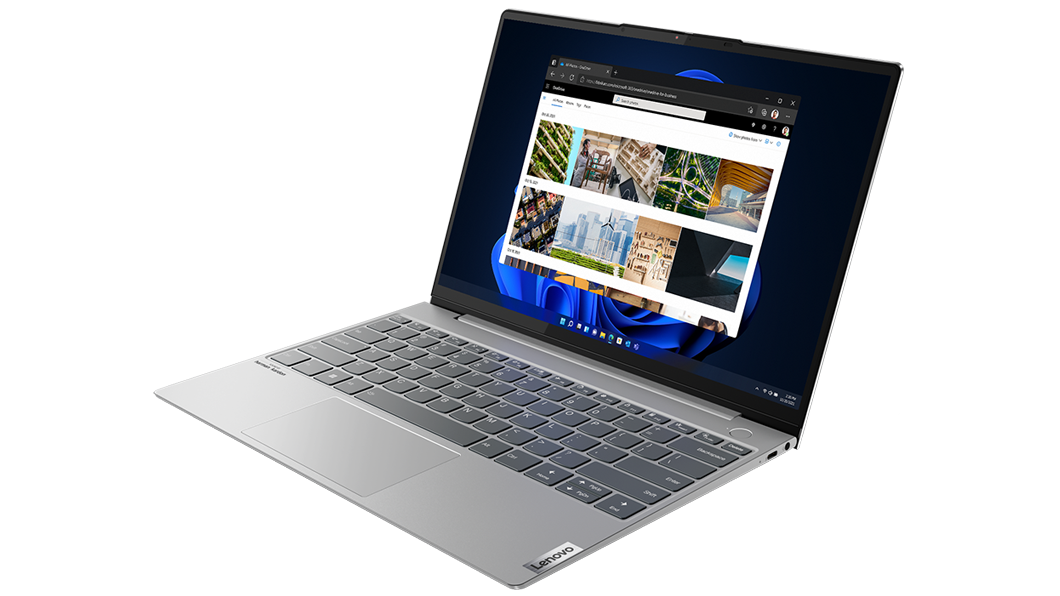 Portátil ThinkBook 13x de 2.ª generación, abierto en un ángulo de 110 grados y visto desde arriba desde la esquina frontal derecha.
