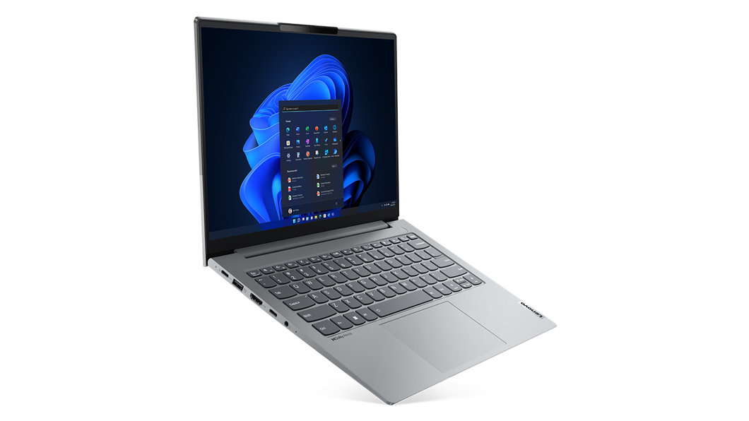 Left-side ports, keyboard, & display on the Lenovo ThinkBook 14 Gen 4+ laptop in Arctic Grey.