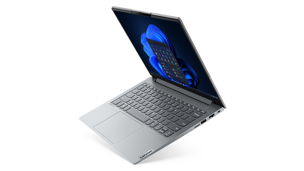 Lenovo ThinkBook 14 Gen 4+ laptop open 90 degrees, angled to show right-side ports, keyboard, & display.