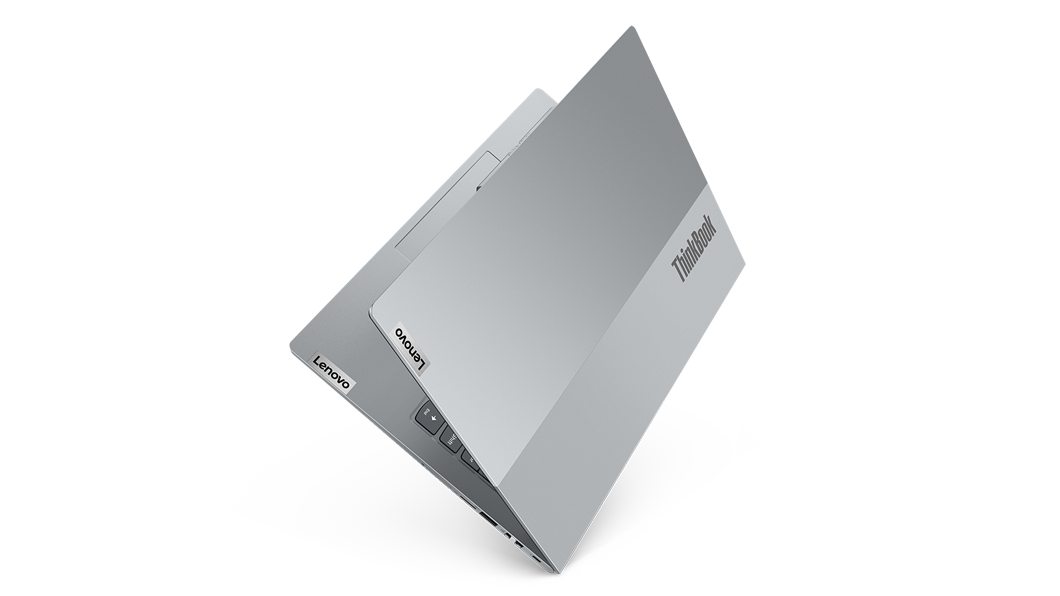 Arctic Grey dual-tone cover of Lenovo ThinkBook 14 Gen 4+ laptop angled like a book on its spine.