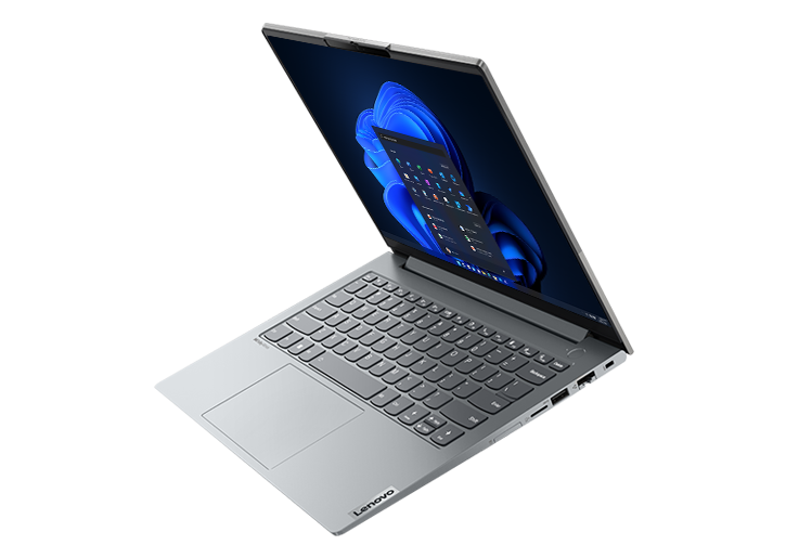 Floating front-facing Lenovo ThinkBook 14 Gen 4+ laptop open 90 degrees, showcasing keyboard, display & right-side ports.