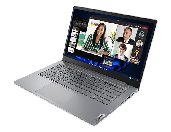 Vista angolare destra anteriore di un notebook Lenovo ThinkBook 14 di quarta generazione (Intel) con un'app per conferenze sullo schermo