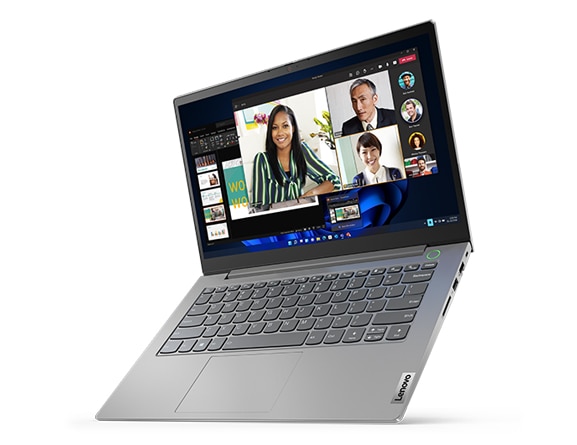 Top right angle view of a Lenovo ThinkBook 14 Gen 4 (Intel) laptop with a conferencing app on the display