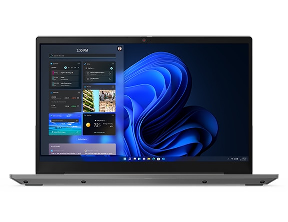 Vooraanzicht van een geopende Lenovo ThinkBook 14 Gen 4-laptop (Intel) met bedieningselementen en een abstracte blauwe vorm op het scherm