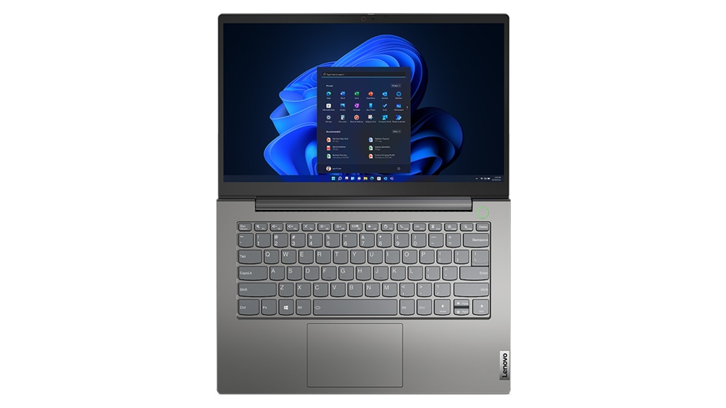 Vista dall'alto di un notebook Lenovo ThinkBook 14 di quarta generazione (Intel) completamente aperto, con tastiera, trackpad e schermo