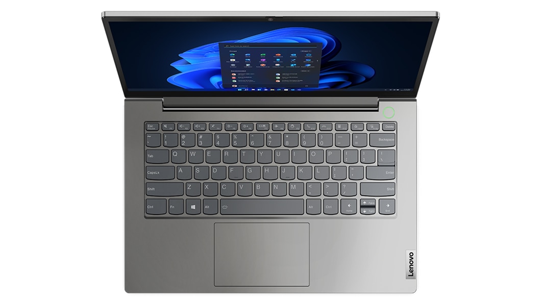 Vista dall'alto di un notebook Lenovo ThinkBook 14 di quarta generazione (Intel) aperto, con tastiera, trackpad e schermo