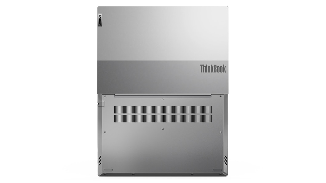 Onderaanzicht van de Lenovo ThinkBook 14 Gen 4 (Intel) die plat ligt, met de tweekleurige, zilveren kleur en de ventilatieopeningen aan de onderkant zichtbaar