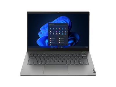 Front view of an open Lenovo ThinkBook 14 Gen 4 (Intel) laptop with controls and an abstract blue shape on the screen