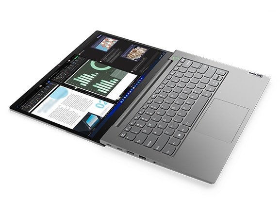 Laptop Lenovo ThinkBook 14 Gen 5 abierta 180 grados, colocada en posición horizontal.