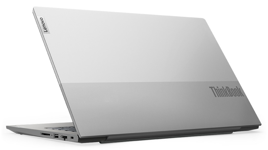 Rear view of Lenovo ThinkBook 14 Gen 5 laptop, showing dual-tone cover & right-side ports.