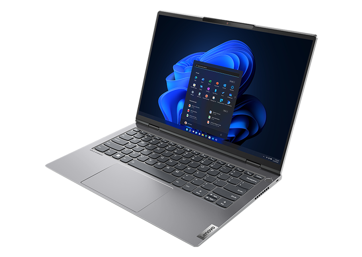 Right side view of ThinkBook 14p Gen 3 (14" AMD) laptop, opened 90 degrees at a slight angle, showing keyboard and display with Windows 11
