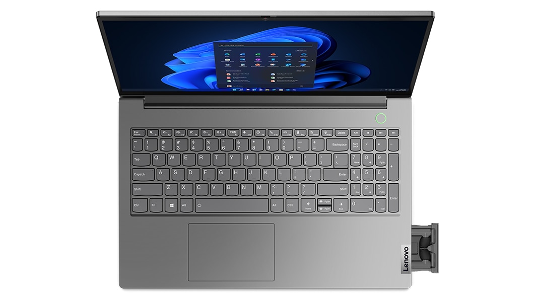 Vista superior de una laptop Lenovo ThinkBook 15” 4ta Gen (15”, Intel) abierta en posición horizontal, que muestra el teclado, el panel táctil opcional y la pantalla
