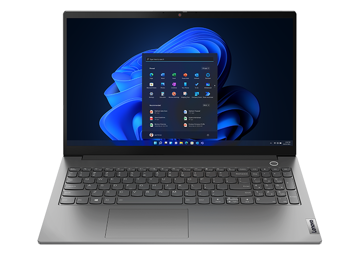 Front-facing Lenovo ThinkBook 15 Gen 5 laptop showcasing Windows 11 Pro on the display & keyboard.