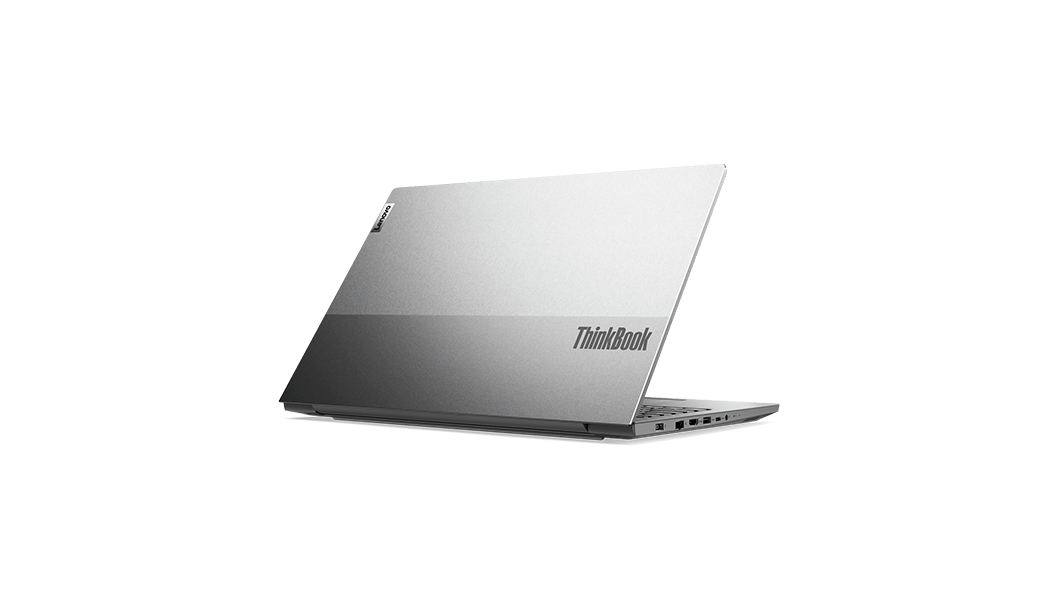 Rear right three-quarter view of Lenovo ThinkBook 15p laptop open 90 degrees