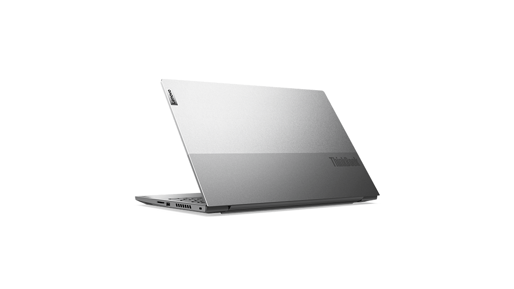 Vue arrière trois quarts gauche du portable Lenovo ThinkBook 15p ouvert à 90 degrés