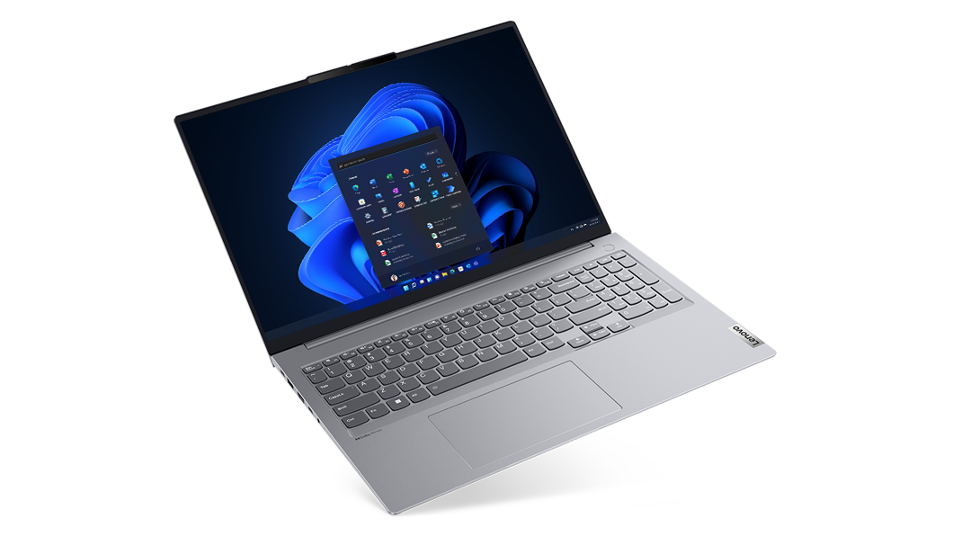 Front-facing Lenovo ThinkBook 16 Gen 4 laptop showing Windows 11 Home Start menu on the display.