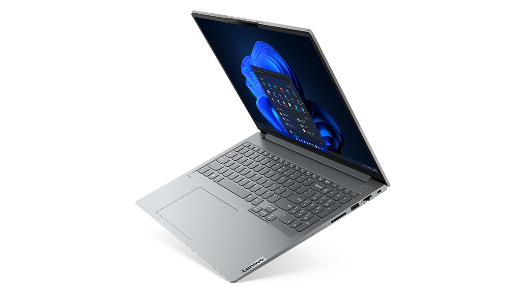 Lenovo ThinkBook 16 Gen 4 laptop open 90 degrees, angled to show right-side ports.