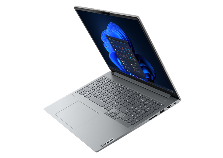Floating Front-facing Lenovo ThinkBook 16 Gen 4 laptop open 90 degrees, showcasing keyboard, display & right-side ports.